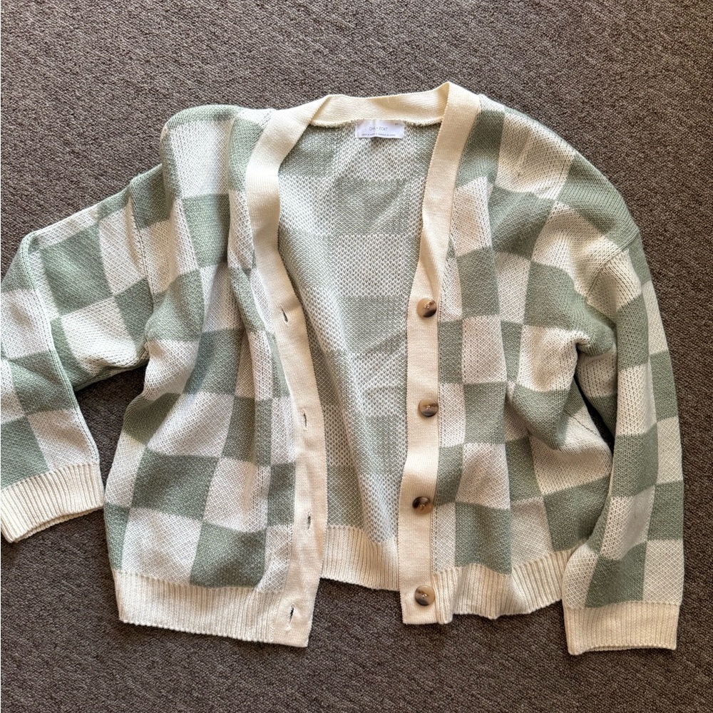 OAK + FORT Checker Knit Cardigan - Cream & Sage